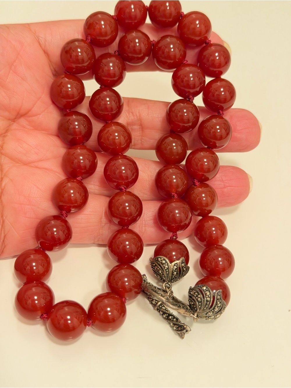 vintage hand knotted carnelian beaded necklace 925 silver marcasite